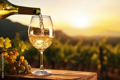 Pouring white wine into glass on vineyard background at sunset. Generative AI