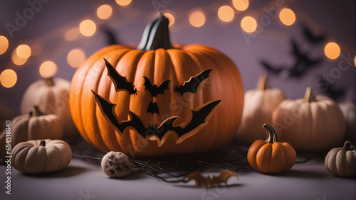 Halloween background with pumpkins. bats and spiders on dark background