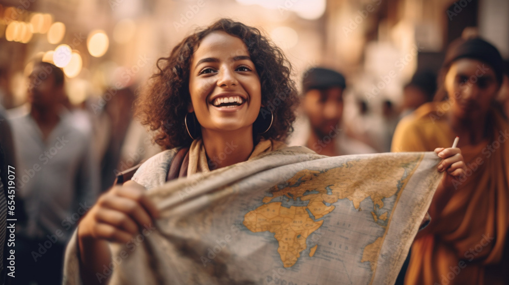 Close-up shot of one of the women, map in hand, looking up and pointing towards a direction, excitement evident in her eyes. AI Generated - obrazy, fototapety, plakaty 