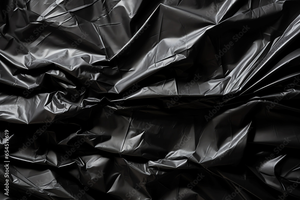 Black plastic foil of a garbage bag crumpled texture Black plastic foil of a garbage bag crumpled texture