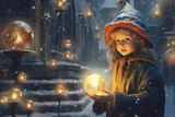 Portrait of a toddler girl in winter clothes holding a magic ball, Christmas old town, Christmas magic, winter snow, white Christmas holidays. Generative AI.