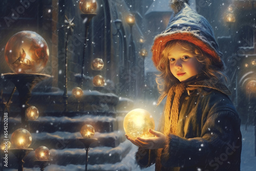 Portrait of a toddler girl in winter clothes holding a magic ball, Christmas old town, Christmas magic, winter snow, white Christmas holidays. Generative AI. © Iaroslava