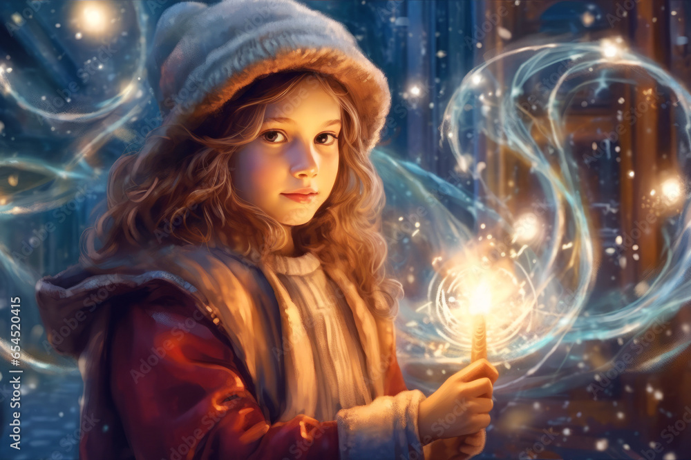 Portrait of a toddler girl in winter clothes holding a magical Christmas candle, Christmas old town, Christmas magic, winter snow, white Christmas holidays. Generative AI. Portrait of a toddler girl in winter clothes holding a magical Christmas candle, Christmas old town, Christmas magic, winter snow, white Christmas holidays. Generative AI.