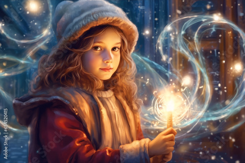 Portrait of a toddler girl in winter clothes holding a magical Christmas candle, Christmas old town, Christmas magic, winter snow, white Christmas holidays. Generative AI.