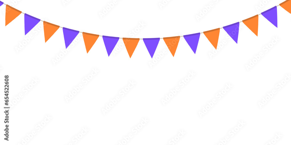 Violet and orange flag garland. Triangle pennants chain. Party decoration. Celebration flags for decor