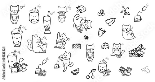 set of hand drawn sketch of shapes of cat drink bubble tea vector illustration 