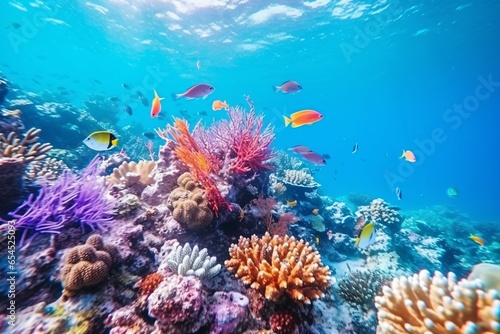 colorful fish swimming around beautiful corals under the sea © haallArt