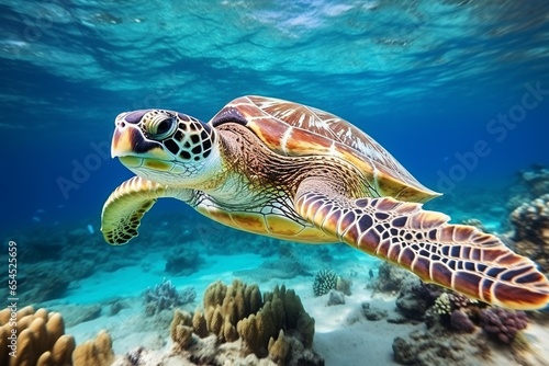 sea turtle swims under water on the background of coral reefs