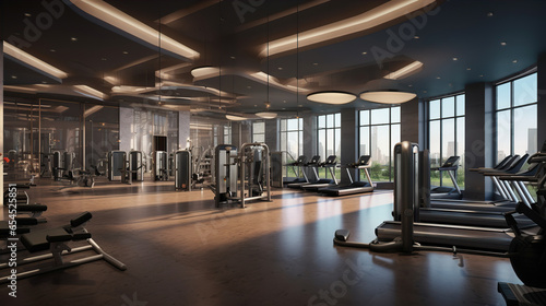 Within gym with modern fitness equipment for fitness events and more. Modern of gym interior with equipment. Sports equipment in the gym. Created with Generative AI © Yevhen