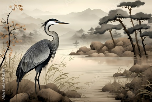 heron in the water in the style of Chinese painting © nikita