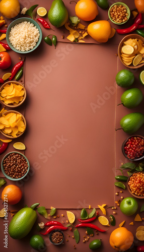 Healthy eating concept. Top view of various vegetables and fruits on brown background