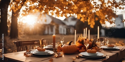 thanksgiving meal, with decorated table including pumpkins, candles and leaves