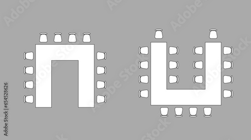 Furniture elements, tables and seats top view for conference, auditorium, classroom with place spectators. Kit for plan of office, lecture hall, workspace, education, school. Scheme chairs and tables