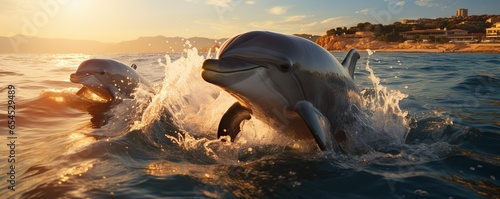 Photographie Dolphins jumping out of the water poster with copy space | Generative AI