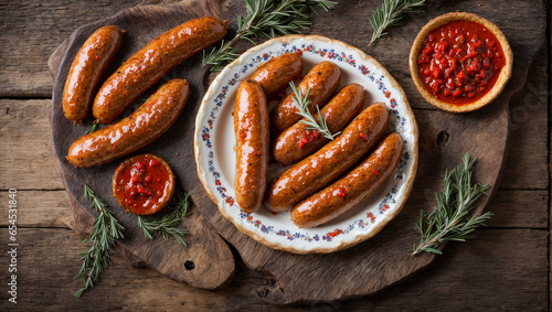 Appetizing fried sausages on old background, ketchup