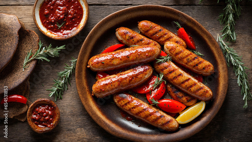 Appetizing fried sausages on old background, ketchup