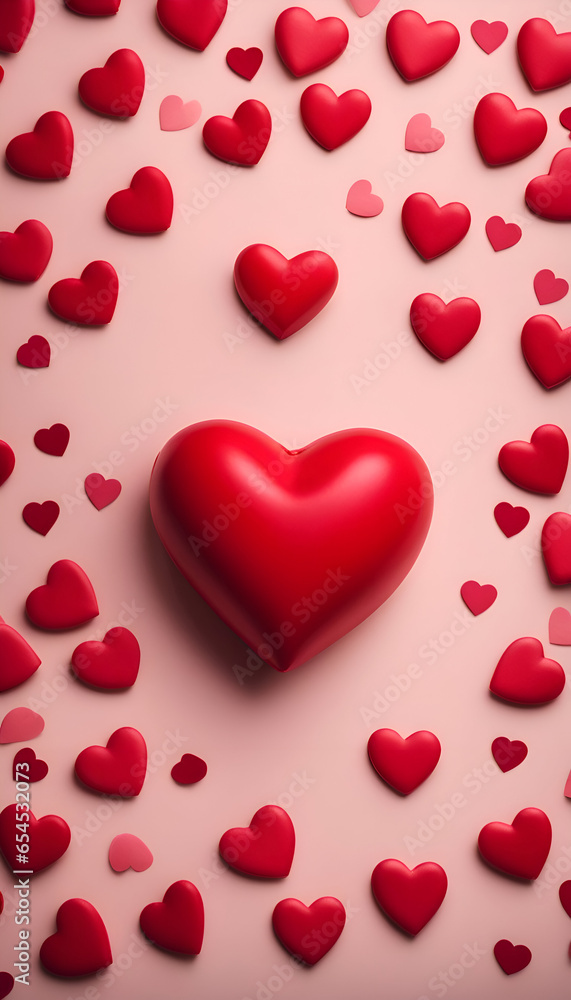 Valentine's day background with red hearts on pink background.
