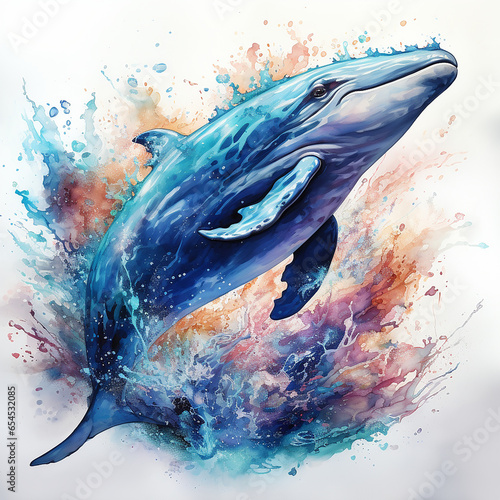 Illustration of a blue whale with watercolor paints