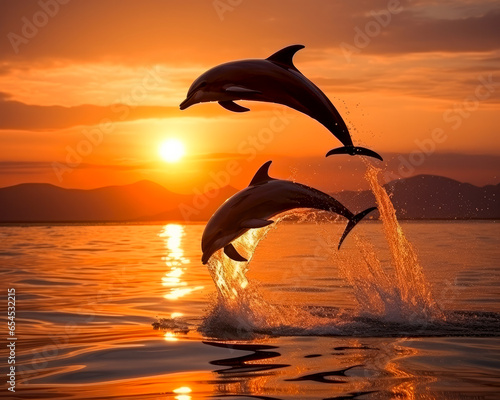 Dolphins Leaping at Sunset Over Ocean Waves © Davis Brown