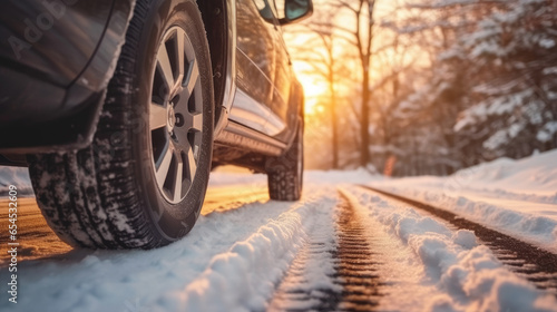Close-up of a snowy road and winter tires