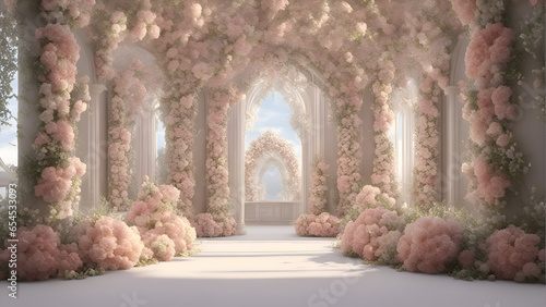 3d render of fantasy archway with pink flowers in the garden © Waqar