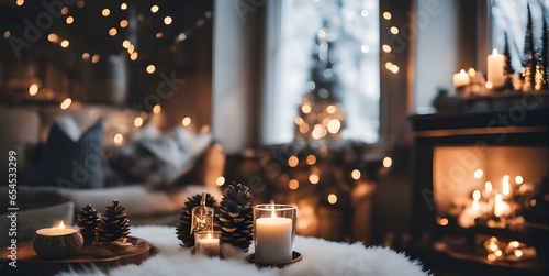 christmas decorated living room, decorated christmas tree, cozy blankets and pillows