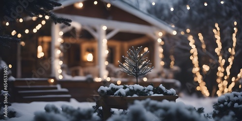 winter decorated house, christmas eve, snowcovered garden 