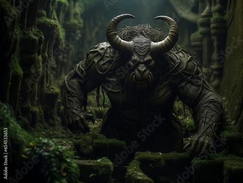 Labyrinth Dweller  Menacing Minotaur Lurking in Shadows of Ancient Stone Maze     Perfect for Dark Fantasy and Mythology Themes