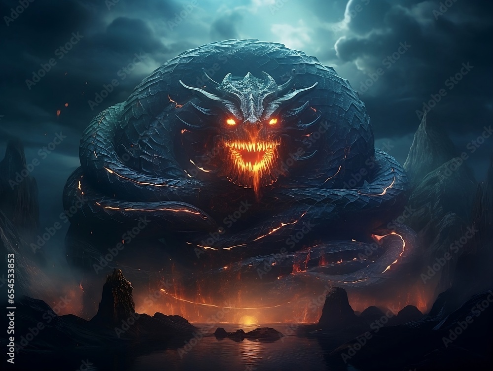 Shadow Serpent: Jörmungandr, the World Serpent Norse mythology, with Body of Swirling Shadows and Glowing Orb Eyes – Perfect for Dark Fantasy and Mythology Themes - Epic Battle Illustrations - obrazy, fototapety, plakaty 