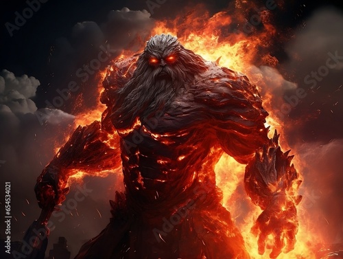 Ragnarök Unleashed: Surtr, the Fire Giant Norse mythology, with Glowing Eyes and Flaming Sword Amidst Forces of Ragnarök – Perfect for Dark Fantasy, Supernatural, Epic Fantasy and Mythology Themes photo