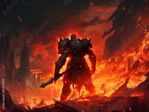 Molten Menace: Surtr, the Fire Giant Norse mythology, in Body of Molten Rock and Flaming Sword – Perfect for Fantasy and Mythology Themes, Epic Battle Illustrations