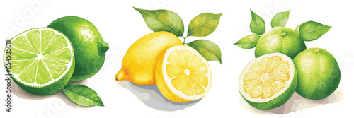 Set of watercolor illustrations of citruses. Hand drawn, hand painting colorful set of fruit with paint splashes. Isolated on white background watercolour vector illustrations. Lemon, lime, pamelo