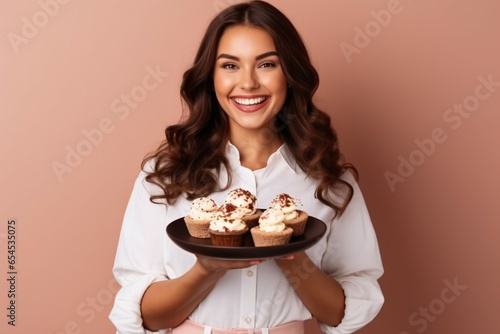 pleased brunette woman holds small creamy muffin, bakes many desserts