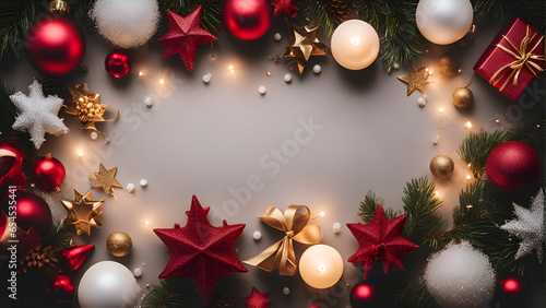 Christmas decoration on grey background. Top view with copy space. Flat lay.