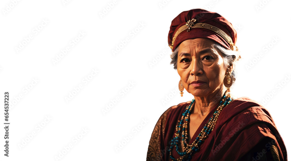 Portrait of elderly wise woman, tribe leader, confident in traditional clothing style, background, banner with copy space text isolated on white background 