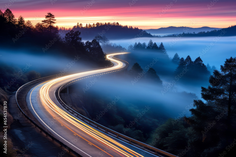 Car headlights and traffic lights on a winding road through pine trees, in a foggy valley at sunset, captured by long exposure photography - obrazy, fototapety, plakaty 