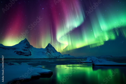 Beautiful green and red aurora and stars dancing in the winter sky. Amazing fantastic, mysterious and magnificent magical landscape. Concept for travel, earth, environment, nature conservation, sdgs.
