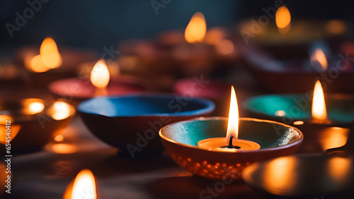 Happy Diwali Clay Diya lamps lit during Diwali celebration.