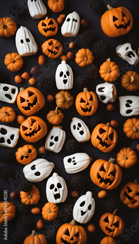 Halloween background with pumpkins. candies and ghosts. Top view.