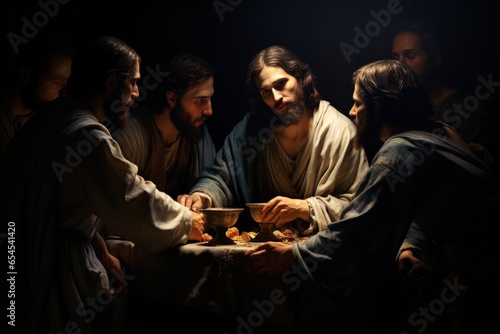 The Last Supper of Jesus Christ with the 12 apostles. icon Religious history, bible, faith, evangilia, followers and disciples of the son of god, christian love church , sacrament Holy Thursday  photo