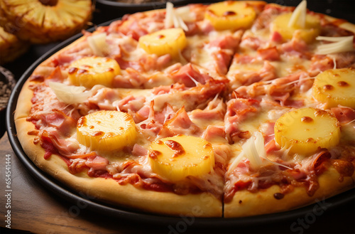 Hawaiian pizza made of tomato sauce, mozzarella cheese, ham, and pineapple chunks