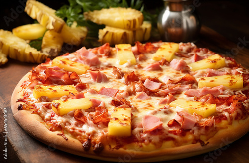 Hawaiian pizza made of tomato sauce, mozzarella cheese, ham, and pineapple chunks photo