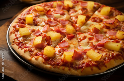 Hawaiian pizza made of tomato sauce, mozzarella cheese, ham, and pineapple chunks