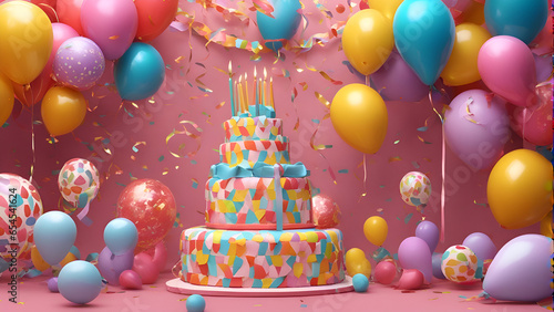 birthday cake with candles and balloons on pink background 3d rendering