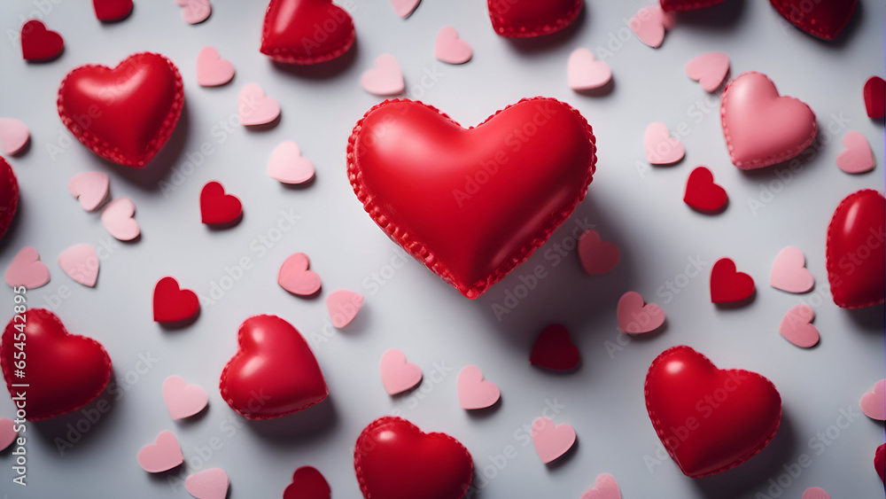 Valentine's day background with red hearts on white background.