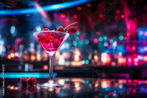 Selective focus, red raspberry and cherry cocktail with fancy decorated glass on countertop of cocktail bar and blur background of luxury red vibe pub.