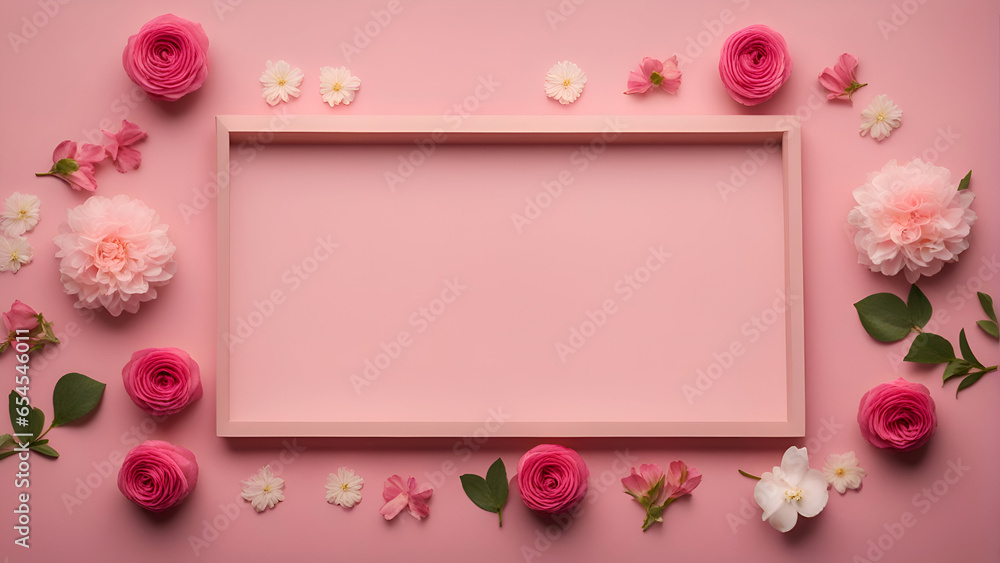 Flowers composition. Frame made of pink flowers on pink background. Flat lay. top view. copy space