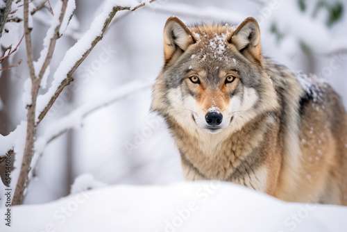 A majestic wolf standing on a snow-covered ground in a forest, attentively observing something in the distance