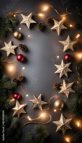 Christmas background with fir tree branches. christmas decorations and lights. Top view with copy space