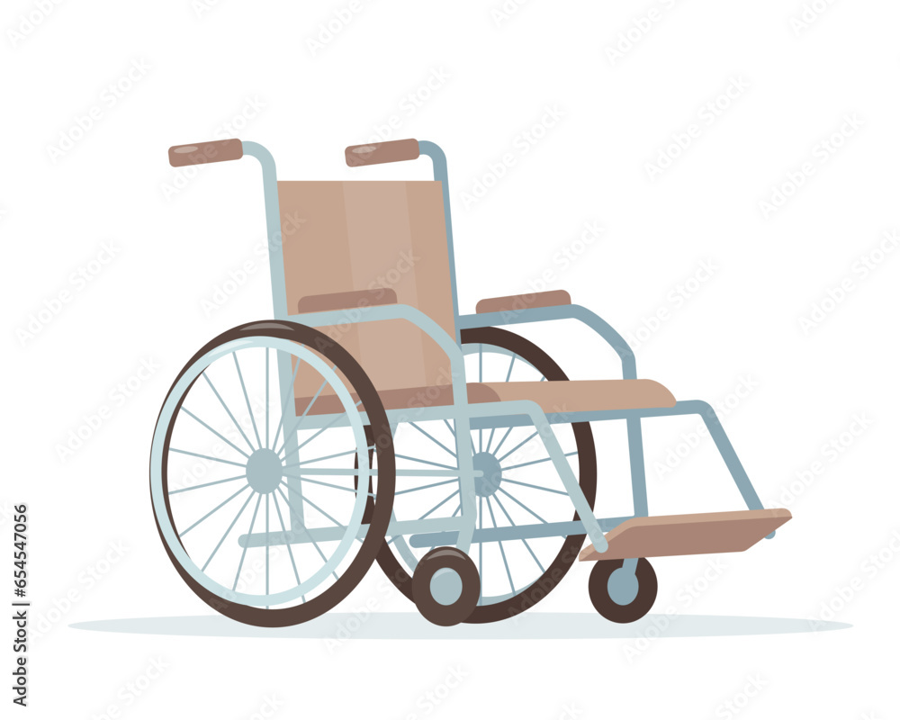 Wheelchair for people with disabilities or elderly and social adaptation . Wheelchair for clinic and hospital. Medicine rehabilitation concept. Vector icon illustration isolated on white background.